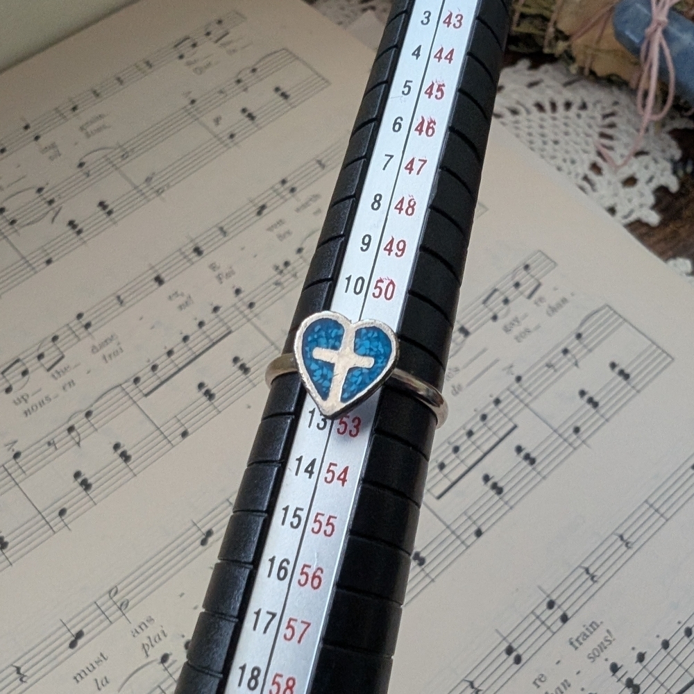 Cross Heart Shaped Blue and Silver Ring Size 6